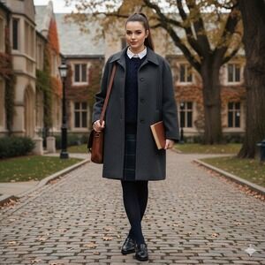 SM2 Charcoal Gray Wool Pea Coat‎ Womens L Button Front Preppy Academia Old Money
